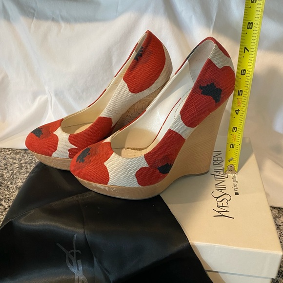 Yves Saint Laurent Poppy Print Canvas Maryna Cork Wedges - Picture 8 of 8